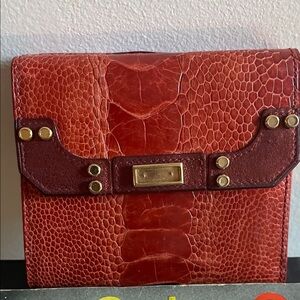 Red Croc-Embossed Leather Clutch with Brass Accents by Judith Liber